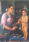 Raja Ravi Varma Yashoda decorating Krishna oil on canvas